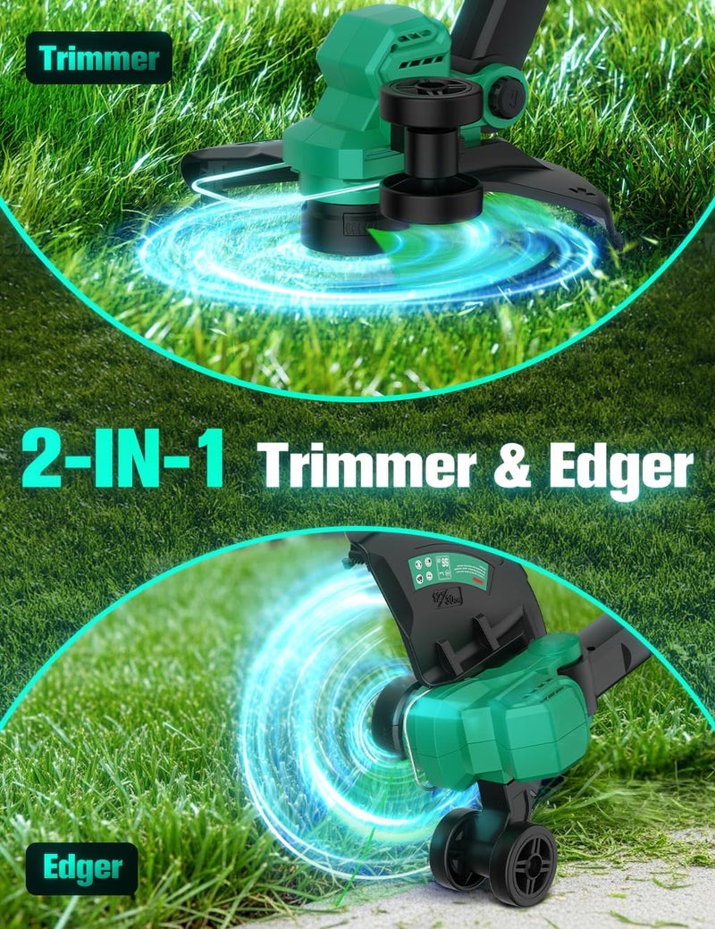 KIMO 12" Weed Wacker Cordless Battery Operated w/ 2 x 2.0Ah Batteries, 2-in-1 String Trimmer & Edger with Charger & Wheels, 6 x Replacement lines, Fast Charger, Electric Weed Trimmer 20V for Lawn Yard - Image 2